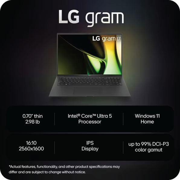 LG gram 17 Inch Thin and Lightweight Laptop, Intel® Evo™ Edition - AI-enabled Intel® Core™ Ultra 7 Processor, 16GB RAM, 1TB SSD, Black 17Z90S-G.AAB6U1