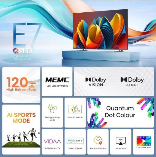 Hisense 65 Inch Smart TV - 4K QLED Smart Television 2024 Model 65E7N