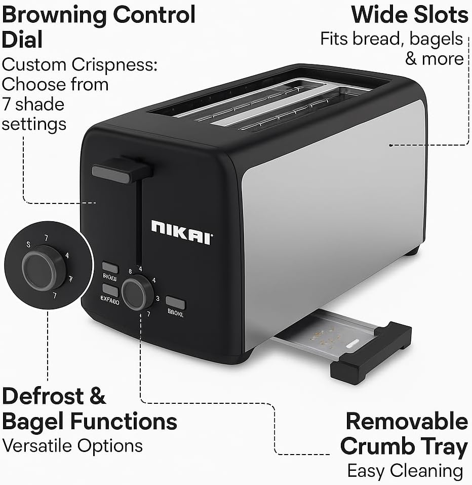 Nikai 4 Slice Toaster 7 Setting Browning Control Perfect Toast NBT666S1