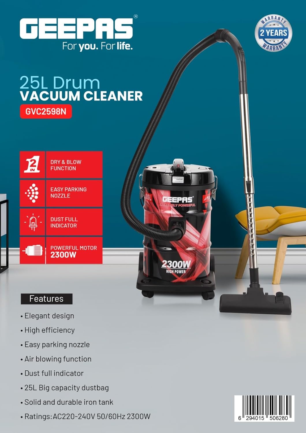 Geepas GVC2598 Drum Vacuum Cleaner - 2300W High Power
