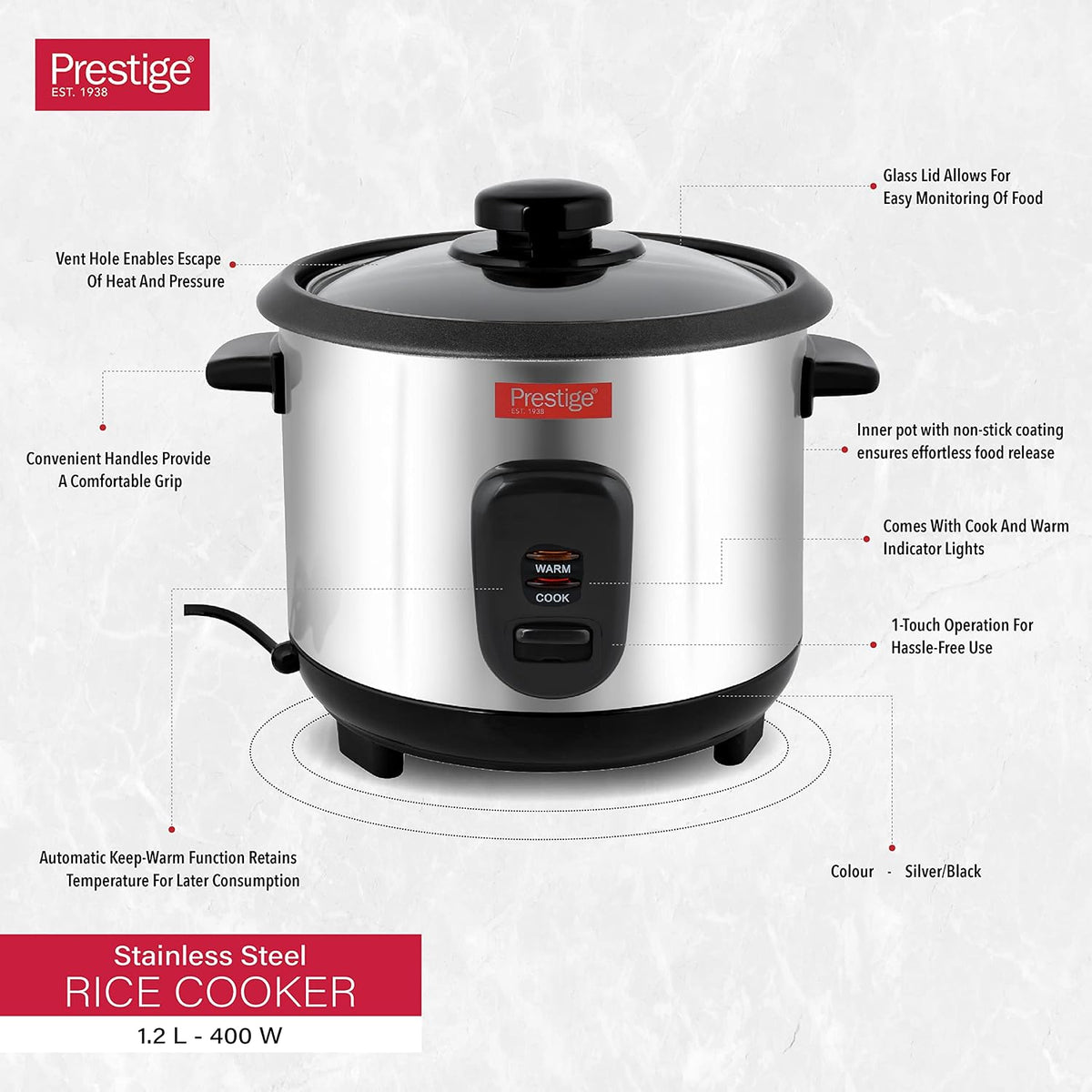 Prestige Rice Cooker 1.2 Ltr Stainless Steel Body PR7501