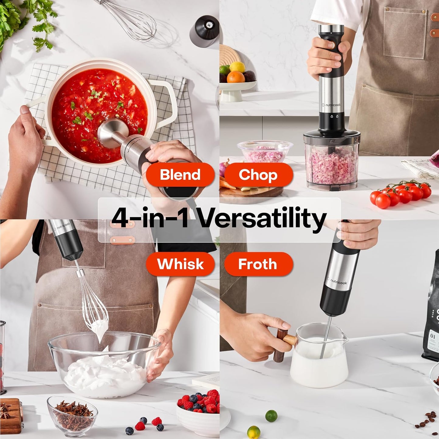 Nutricook HB100ME 4-in-1 Electric Hand Blender, 1200W, Chop Whisk Froth