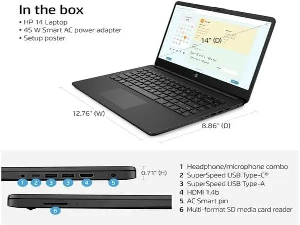 HP Stream 14" Laptop, Intel Celeron, 4GB RAM, 64GB, Intel UHD Graphics 600, 14s-dq0504sa