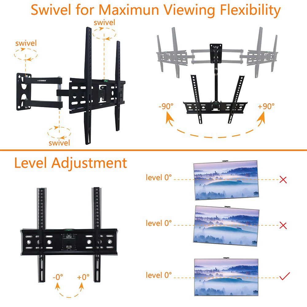 TV wall mount with swivel and level adjustment features on a white background