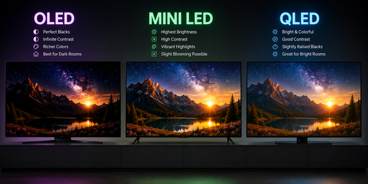 OLED vs QLED vs Mini LED TV comparison showing differences in display technology and picture quality