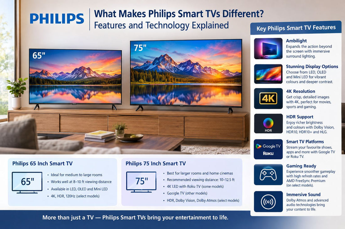 1. Philips Smart TV technology explained with Ambilight lighting, high-resolution displays, Dolby Atmos sound, and gaming capabilities.