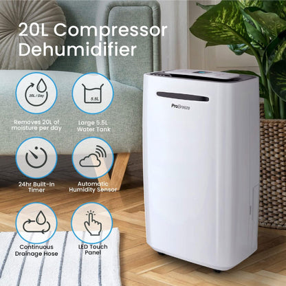 Pro Breeze 20L/Day Compressor Dehumidifier, Continuous Drainage, 24h Timer & Auto Defrost, Mould Remover & Moisture Absorber for Home Bathroom