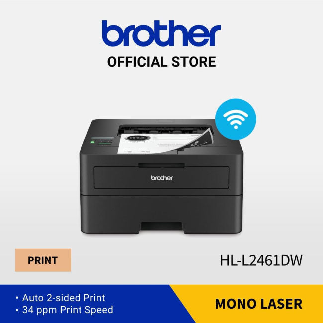 Brother Wireless Monochrome Laser Printer, Automatic 2 Sided Print, Mobile Printing, High Speed USB, High Yield Ink Toner HL-L2461DW