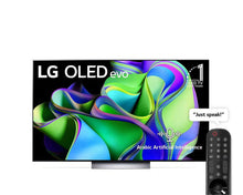 LG OLED evo TV with colorful display and remote control on a white background