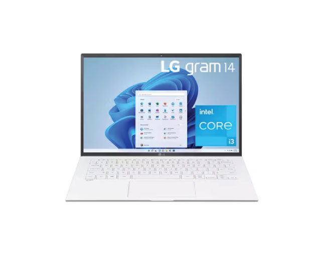 كمبيوتر محمول خفيف الوزن LG gram مقاس 14 بوصة، معالج Intel® Core® i3 Evo™ من الجيل الحادي عشر، ذاكرة وصول عشوائي (RAM) سعة 8 جيجابايت، قرص SSD سعة 256 جيجابايت، لون أبيض 14Z90P-K.AAW3U1