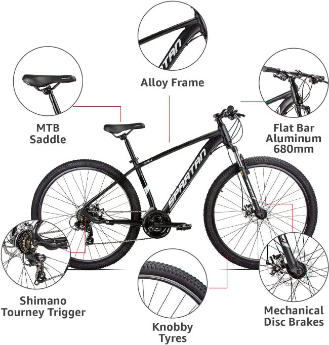 SPARTAN Calibre Hardtail Mountain Bicycle, Alloy Frame, Disc Brakes Shimano Shifters Charcoal Black