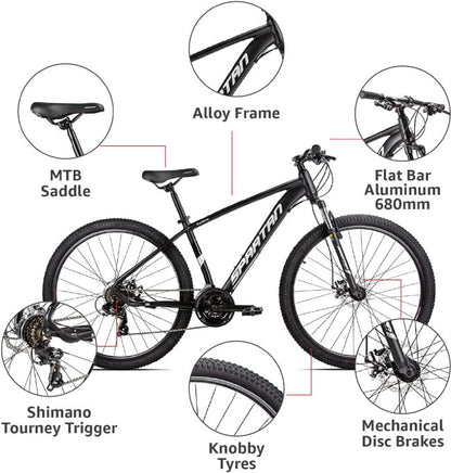 SPARTAN Calibre Hardtail Mountain Bicycle, Alloy Frame, Disc Brakes Shimano Shifters Charcoal Black