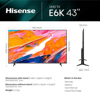 Hisense 43 Inch VIDAA UHD 4K LED Smart TV with Dolby Vision 43E6K