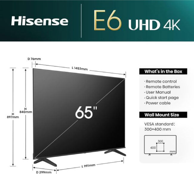 Hisense 60 Inch E6N UHD 4K Smart TV 65E6N 