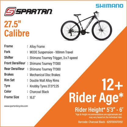 SPARTAN Calibre Hardtail Mountain Bicycle, Alloy Frame, Disc Brakes Shimano Shifters Charcoal Black