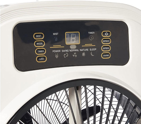 Olsenmark Rechargeable Mist Fan, 3 Speed Remote Settings, 360 Rotary Direction, Rechargeable 12v 6.5Ah Sealed Lead-Acid Battery OMF1762