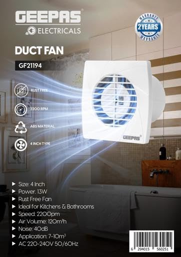 Geepas 4" Duct Fan GF21194/ 1300 RPM, Exhaust Ventilation Fans