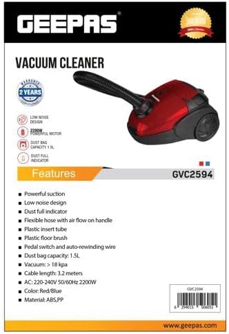 Geepas Vacuum Cleaner GVC2594 Dust Bag, 2200W - 1.5L - Powerful Suction