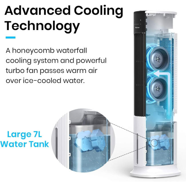 Pro Breeze 42 Inch Portable Tower Fan with Built-in 7L Evaporative Air Cooler Function, 3 Speeds, 60° Oscillation, 10 Hour Timer & Night Mode