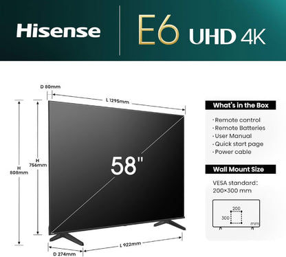 Hisense 58 Inch Smart TV - UHD E6N 4K TV Dolby Vision, Game Mode Plus, Smooth Motion with MEMC 58E6N