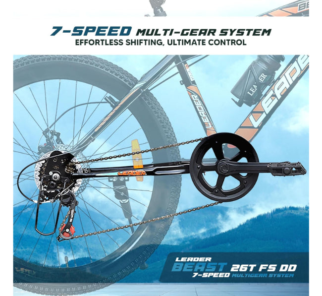 Leader Beast 7 Speed Mountain Bike with Front Suspension & Dual Disc Brake 26T
