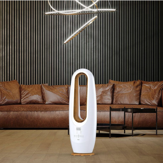 BLACK DECKER 2 in 1 Bladeless Fan, 85cm, 70W Tropical Motor, Cool-White LED Lamp, Remote Control, 60° Wide Oscillation, Low Noise, Wooden Trim FBL85-B5