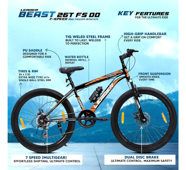 Leader Beast 7 Speed Mountain Bike with Front Suspension & Dual Disc Brake 26T
