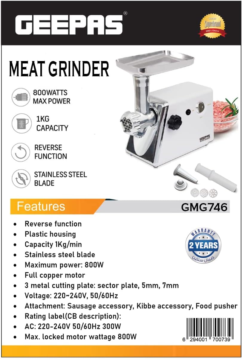 Geepas GMG746 1200W Meat Grinder - Stainless Steel Blade, Reverse Function