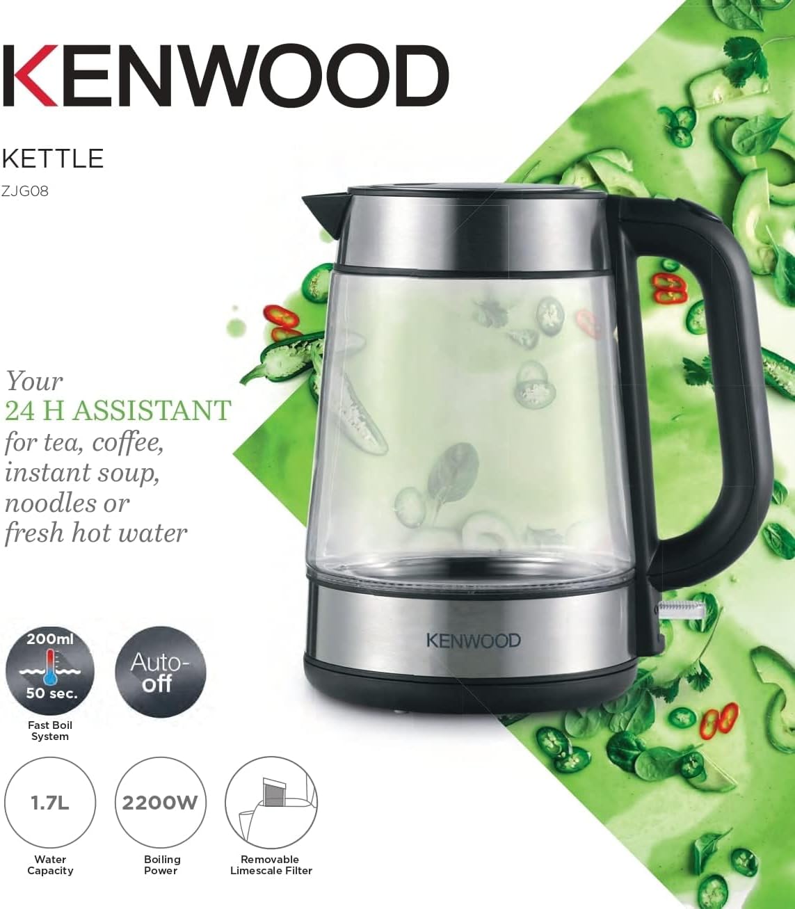 Kenwood Glass Kettle 1.7L Cordless Electric Kettle 2200W ZJG08
