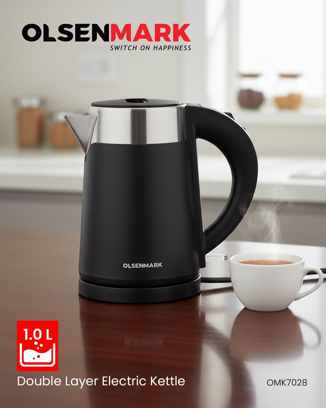 Olsenmark OMK7028 Double Layer Electric Kettle, 1.0L, 800W