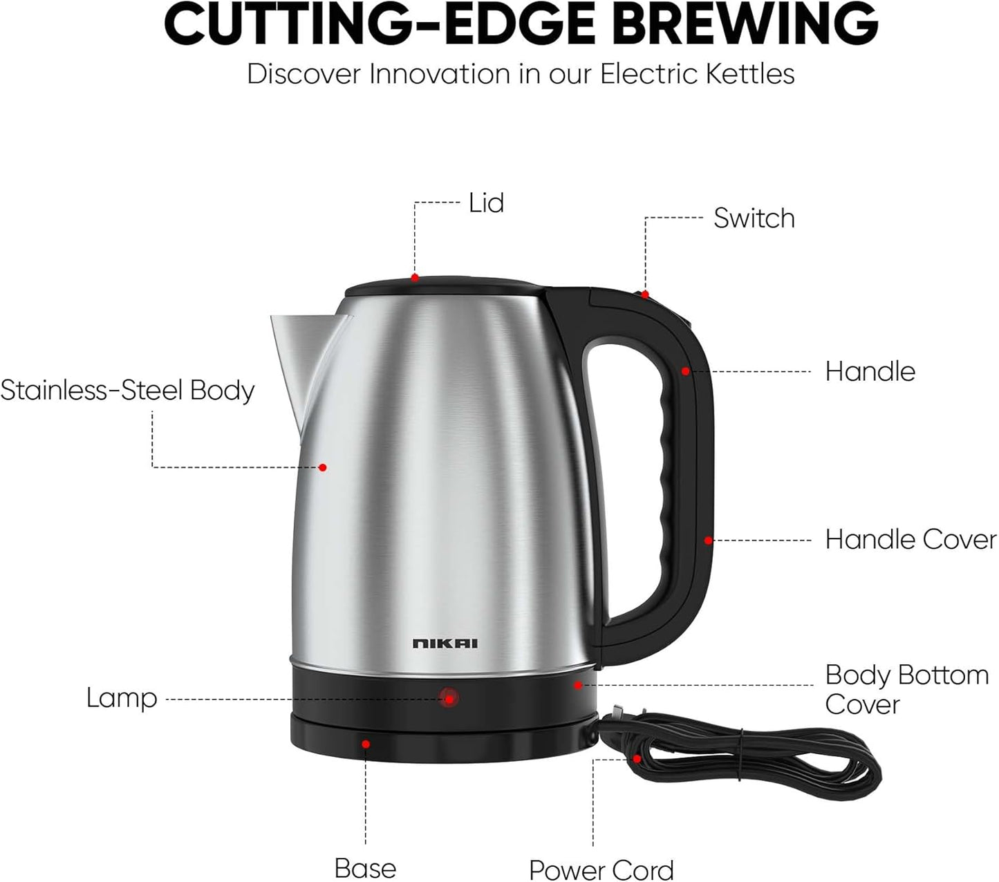 Nikai NK420A Stainless Steel Electric Kettle, 1.7L, 2200W
