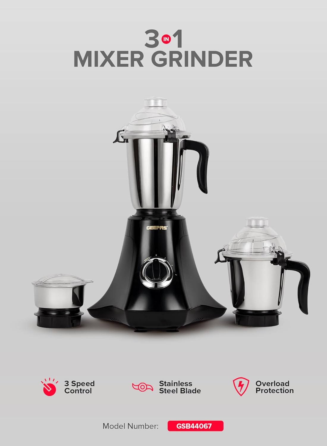 Geepas GSB44067 3-in-1 Mixer Grinder 750W - Stainless Steel Jars, 3 Speed