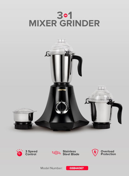 Geepas GSB44067 3-in-1 Mixer Grinder 750W - Stainless Steel Jars, 3 Speed