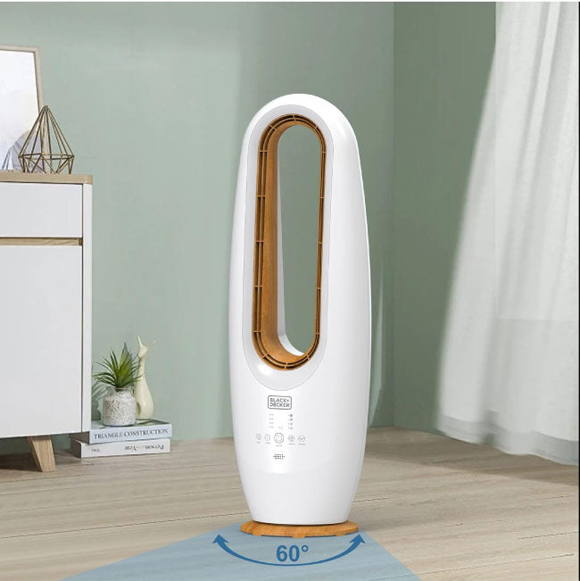 BLACK DECKER 2 in 1 Bladeless Fan, 85cm, 70W Tropical Motor, Cool-White LED Lamp, Remote Control, 60° Wide Oscillation, Low Noise, Wooden Trim FBL85-B5