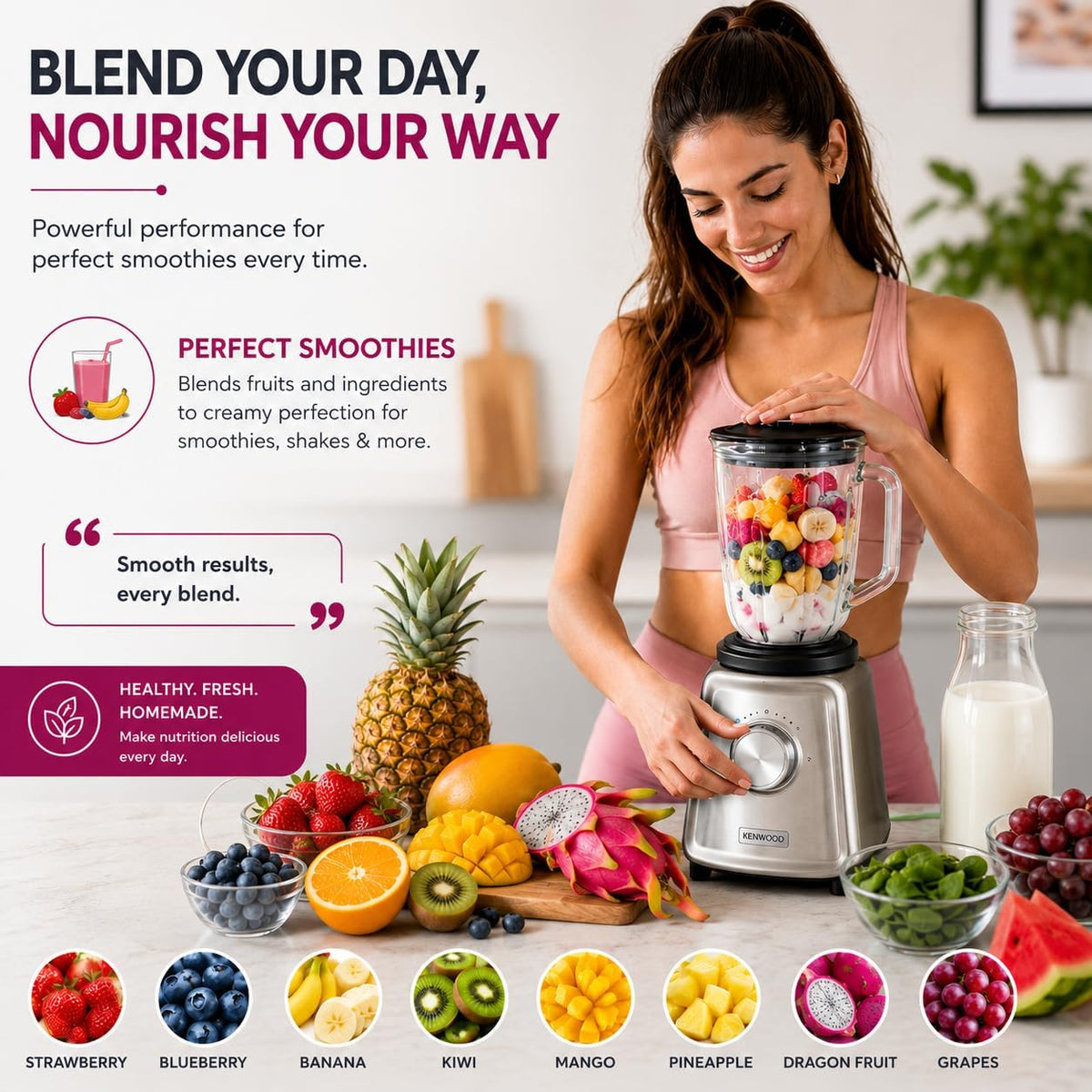 Kenwood Glass Blender BLP44.270SS 800W Smoothie Blender/Smoothie Maker 1.5L
