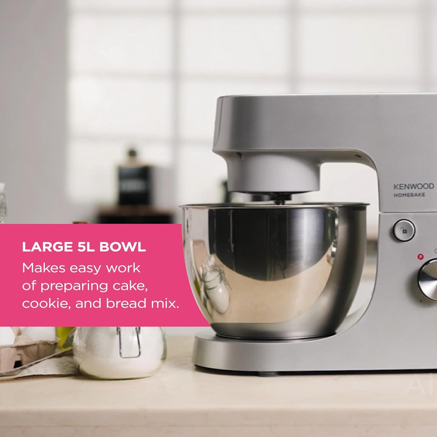 Kenwood HomeBake KHH01.000SI Stand Mixer - 5L Bowl, K-Beater, Whisk, Dough Hook