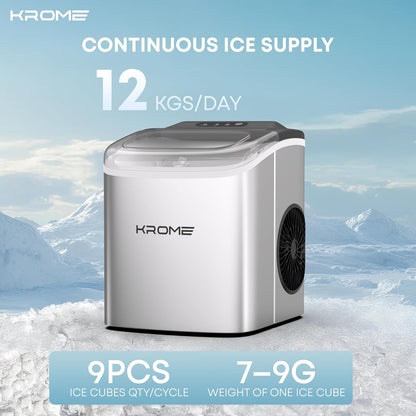 Krome Countertop Ice Maker - 12kg/24h Bullet Ice with Auto Clean