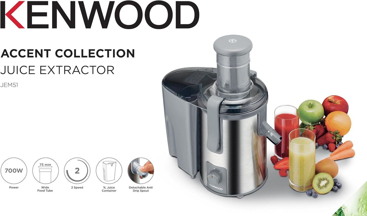 KENWOOD Juicer 700W Stainless Steel Juice Extractor with 75mm Wide Feed Tube JEM51.000GS