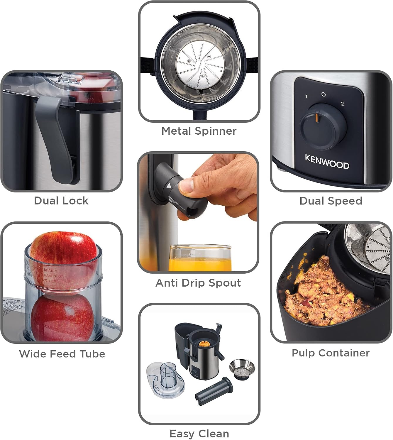 KENWOOD Juicer 700W Stainless Steel Juice Extractor with 75mm Wide Feed Tube JEM51.000GS