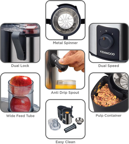 KENWOOD Juicer 700W Stainless Steel Juice Extractor with 75mm Wide Feed Tube JEM51.000GS