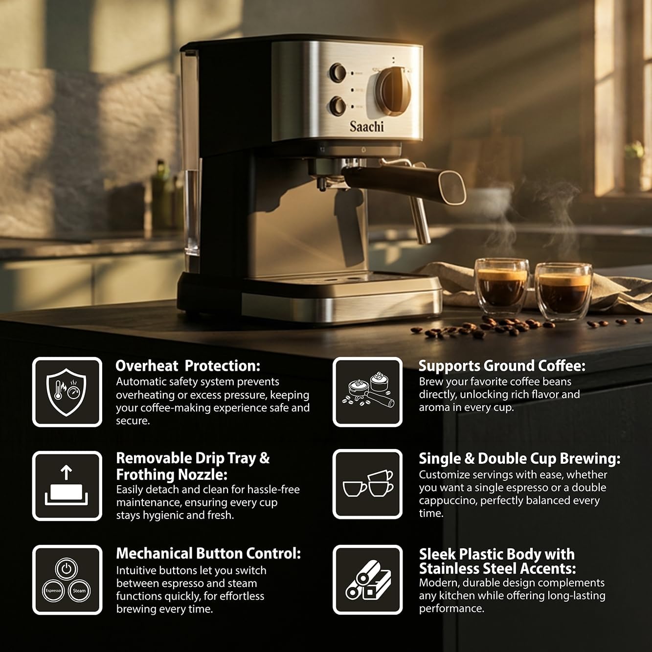 Saachi Coffee Maker NL-COF-7068-BK With 20 Bar High Pressure Pump