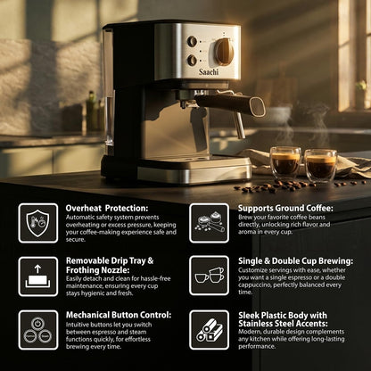 Saachi Coffee Maker NL-COF-7068-BK With 20 Bar High Pressure Pump