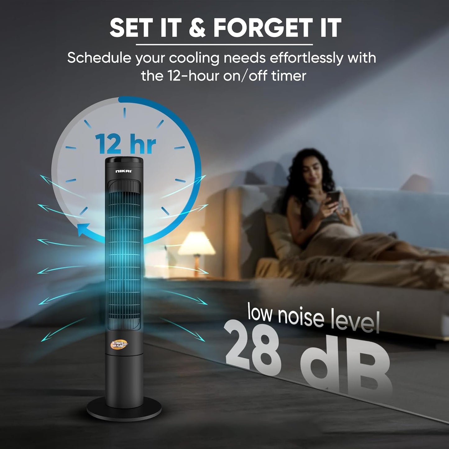 Nikai NTOF4001RL 40" Tower Fan, LED Touch Panel, 80° Oscillation, Remote Control