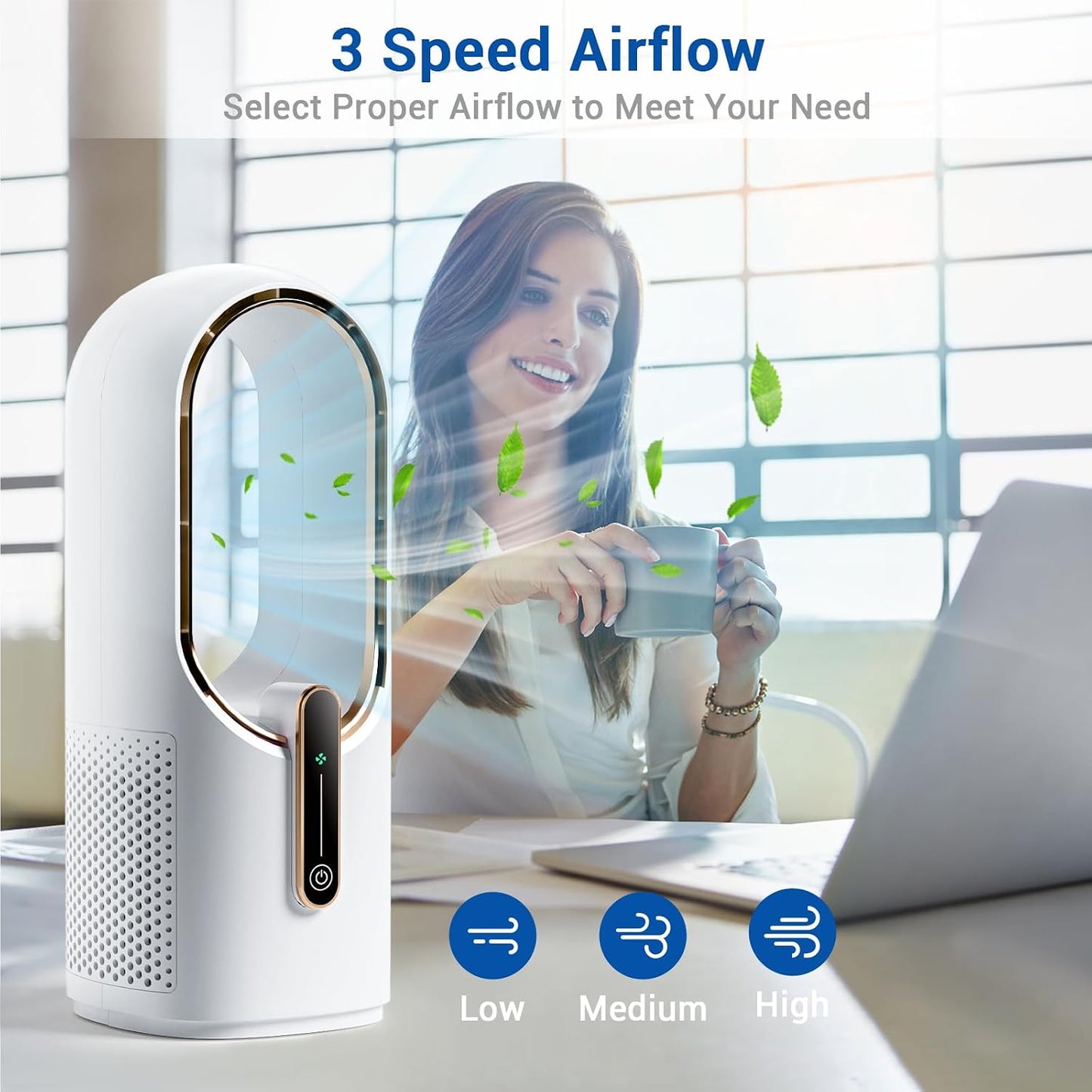 KONSIDEN Bladeless Desk Fan F6-BA 11.8 Inch Small Battery Operated Fan, Quiet Office Fan