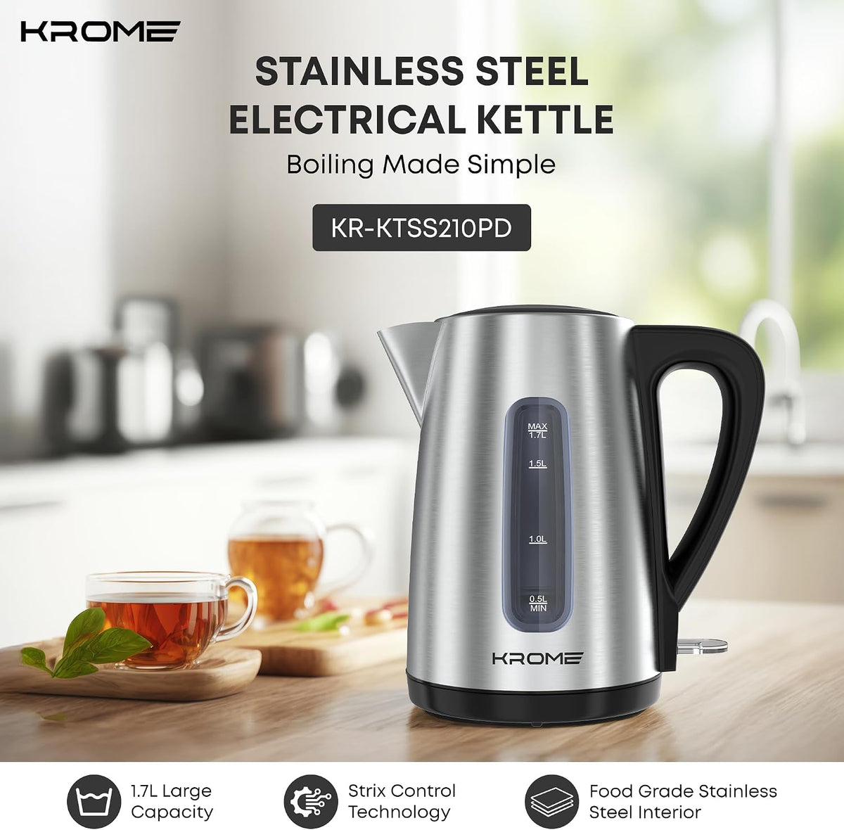 KROME 1.7L Stainless Steel Electric Kettle KR-KTSS210PD