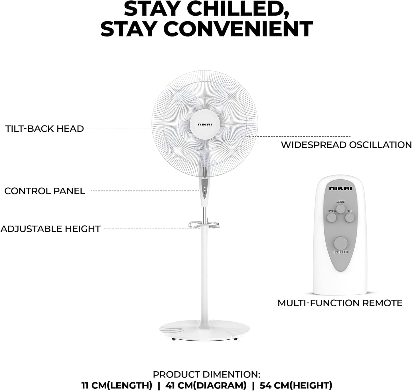 Nikai 16 Inch Pedestal Fan with Remote & Timer 45 Watts NPF1634RT