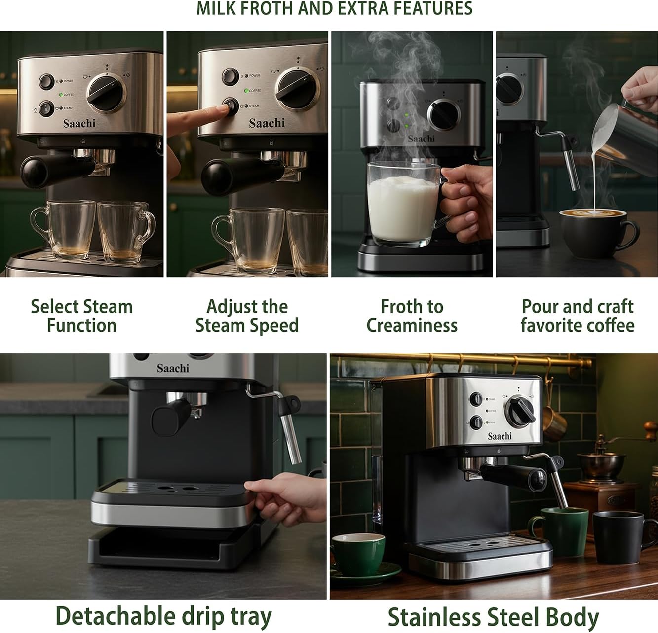 Saachi Coffee Maker NL-COF-7068-BK With 20 Bar High Pressure Pump