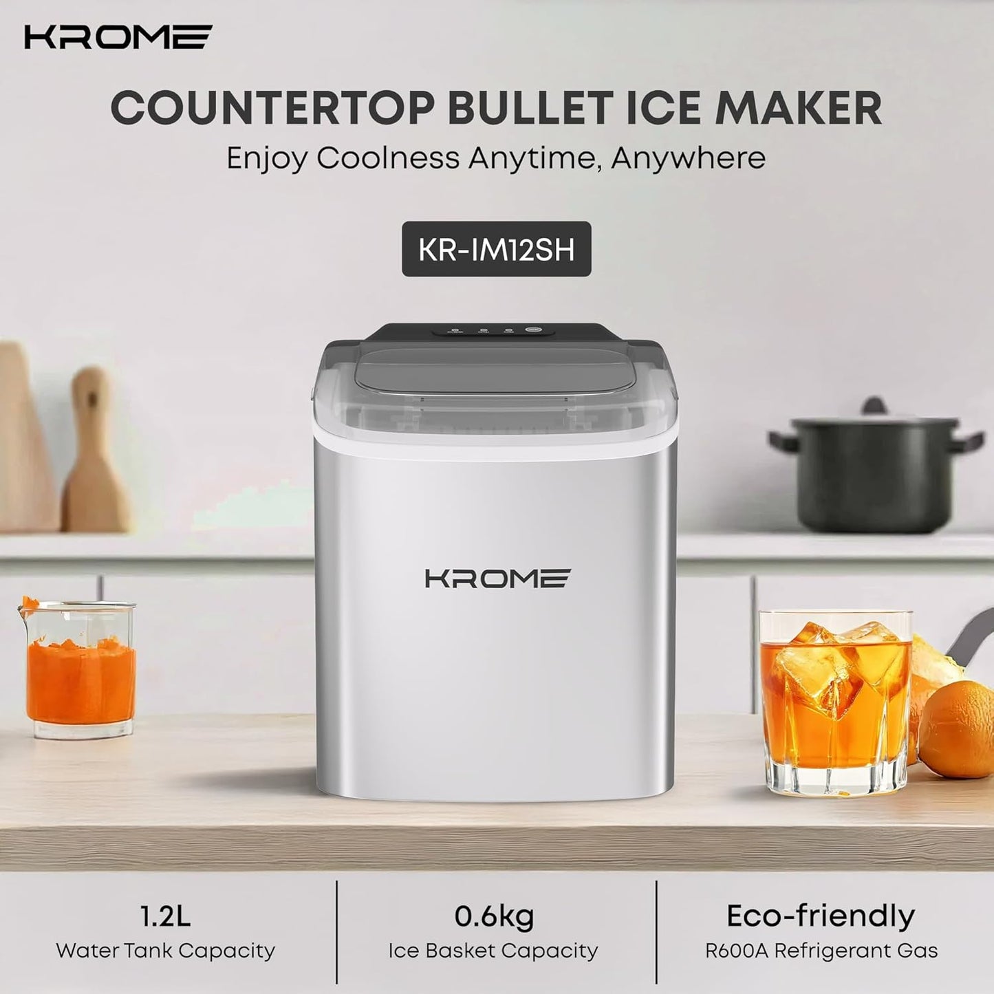 Krome Countertop Ice Maker - 12kg/24h Bullet Ice with Auto Clean
