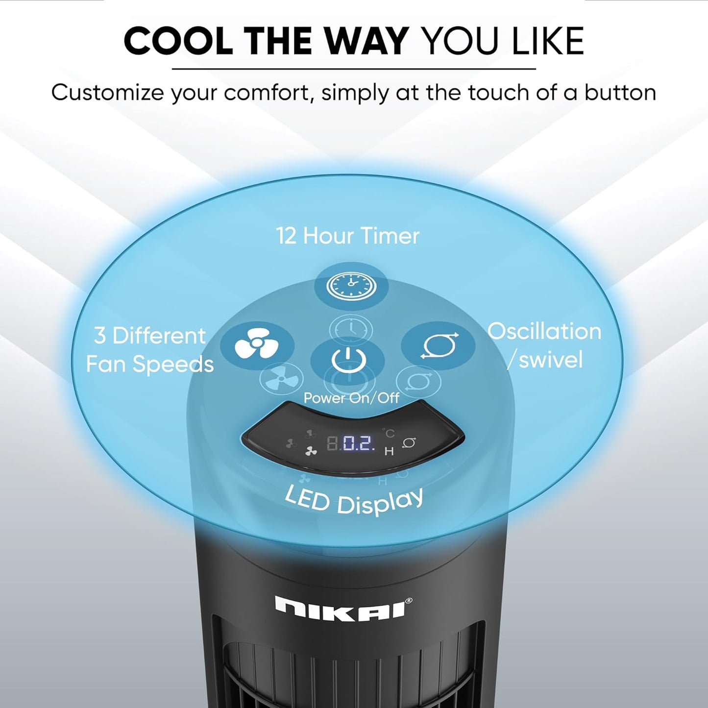 Nikai NTOF4001RL 40" Tower Fan, LED Touch Panel, 80° Oscillation, Remote Control