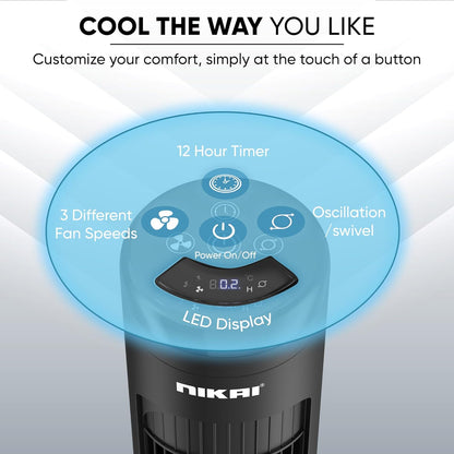 Nikai NTOF4001RL 40" Tower Fan, LED Touch Panel, 80° Oscillation, Remote Control